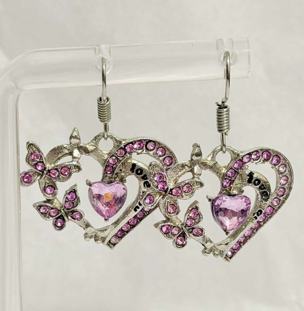 I Love You Heart Butterfly Dangle Earrings Pink Rhinestone & Crystals